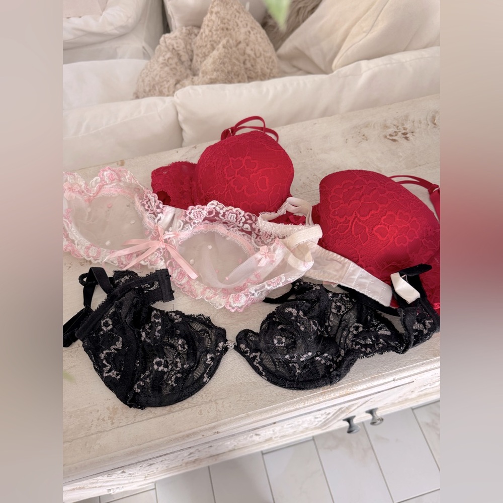 Lace Bra Set - Red, Pink, and Black (Size 34D)